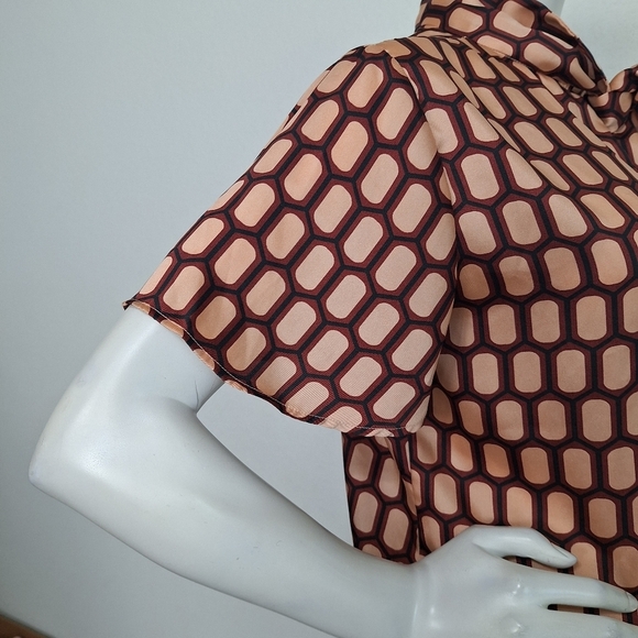 Zara Preppy Geometric Print Silky Business Casual High Neck Bow Tie Blouse Sz.S - Picture 6 of 10